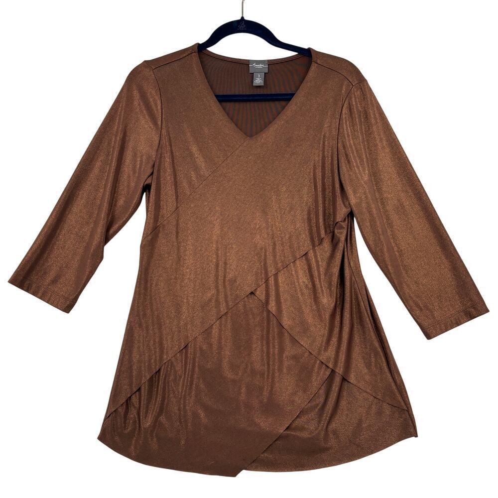 Chico's Travelers Top Size M Brown Shimmer‎ Slinky Knit Layered Stretch Travel